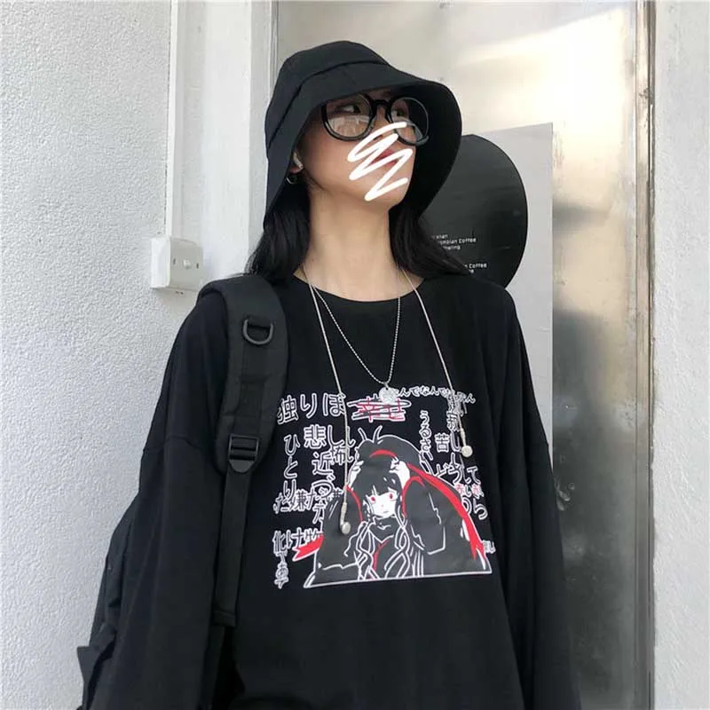 black-ecy NiceMix Harajuku стиль мультфильм ужас девушка с буквенным принтом Футболка осень уличная футболка с длинным рукавом Женская Мужская одежда Топ - Цвет: black-ecy