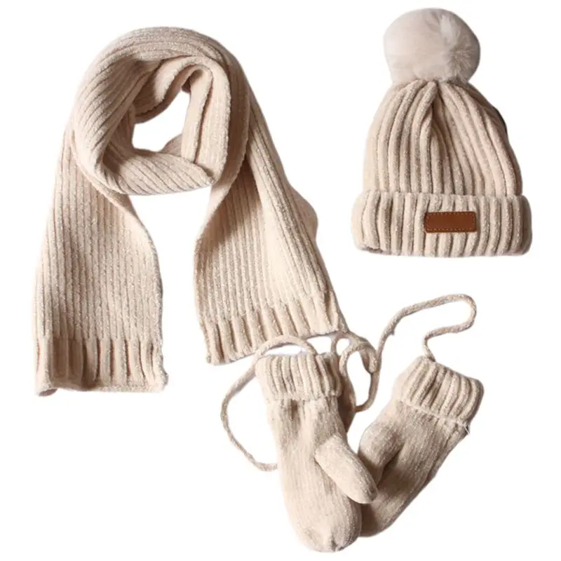 3 в 1 детская зимняя вязаная теплая вязаная шапка с помпоном, шарф, перчатки - Цвет: 5