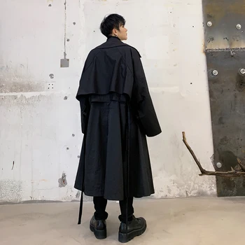 

Men Vintage Bat Sleeve Loose Casual Long Jacket Trench Coat Male Retro Streetwear Hip Hop Belt Coat Windbreaker Overcoat