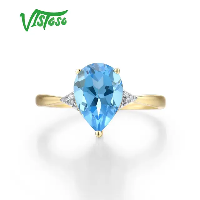 VISTOSO Pure14K 585 Yellow Gold Ring For Women Sparkling Diamond Limpid Blue Topaz Anniversary Classic Fine Jewelry 2