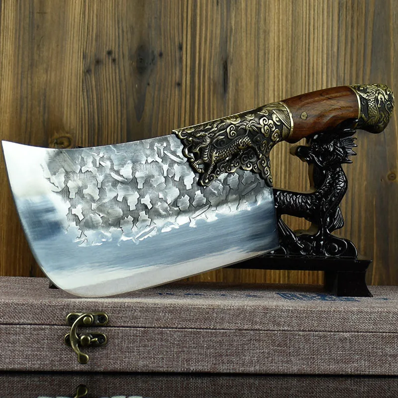 9 Inch Big Knife Chopper Slicing Handmade Forge Longquan Kitchen Hatchet  Knife Copper Dragon Decor Beautiful Knife With Patterns