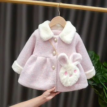 

Little Girl Wool Coat Plus Velvet Thicken Warm Kids Winter Jackets Cute Infant Clothing Christmas Children Outerwear With Bag