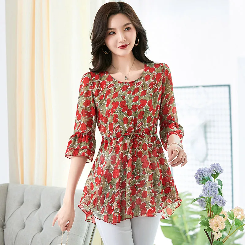

Casual flower chiffon blouse shirt women tops and blouses sleeve OL blouse fashion 2019 women blusa 7XL