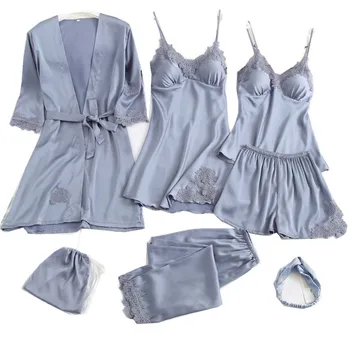 

Pyjamas Women 7 Pieces Pajamas Sets Satin Silk Lingerie Homewear Sleepwear Pyjamas Set Pijamas for Woman Nightwear Home Clothes