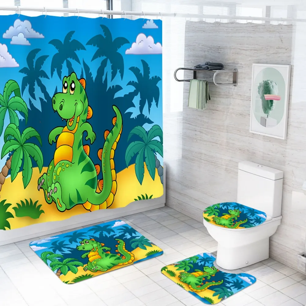 

Cartoon Dinosaur Tropical Plam Trees Waterproof Polyester Bathroom Set 4PCS with Non-Slip Bathroom Mat Toilet Lid Cover Rugs