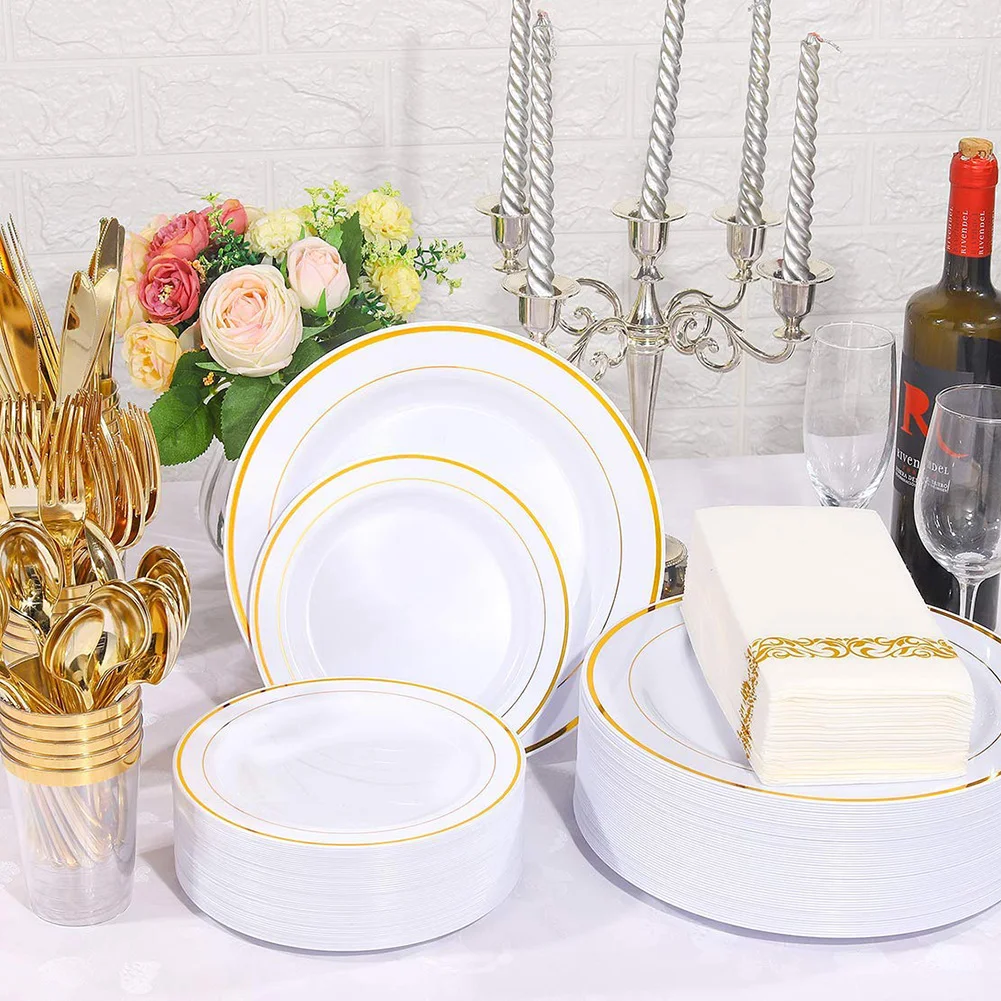 Одноразовые столовые приборы с золотым ободком для дома и жизни, набор свадебных буфетов для 15 гостей