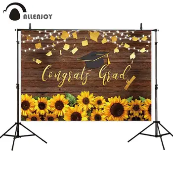 

Allenjoy Congrats Glad Party Decor Brown Floor Wood Sunflower Trencher Cap Bulb Wallpapers Cloth Child Graduation Home Backdrops
