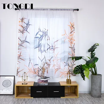 

TONGDI 2PCS White Tulle Digital Printing Curtain Elegant Bamboo Transparent Decor For Home Spring Parlour LivingRoom Bedroom