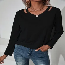 

9885# 2021 Autumn New Women's Long Sleeve Top V-neck Street Style Loose Fit Solid Tees