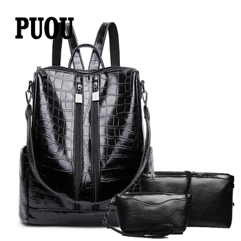 

PUOU 2020 New Korean Backpacks Fashion PU Leather Shoulder Bag Crocodile Pattern Small Backpack Embossed School Bags black main