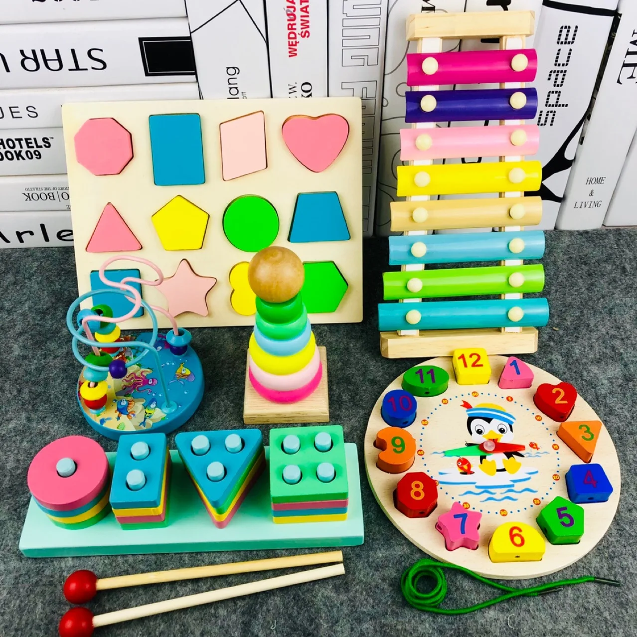 

Wood Octave Knock Piano Bead-stringing Toy Rainbow Tower Threading Alarm Clock Shape Case Column Kindergarten Toy