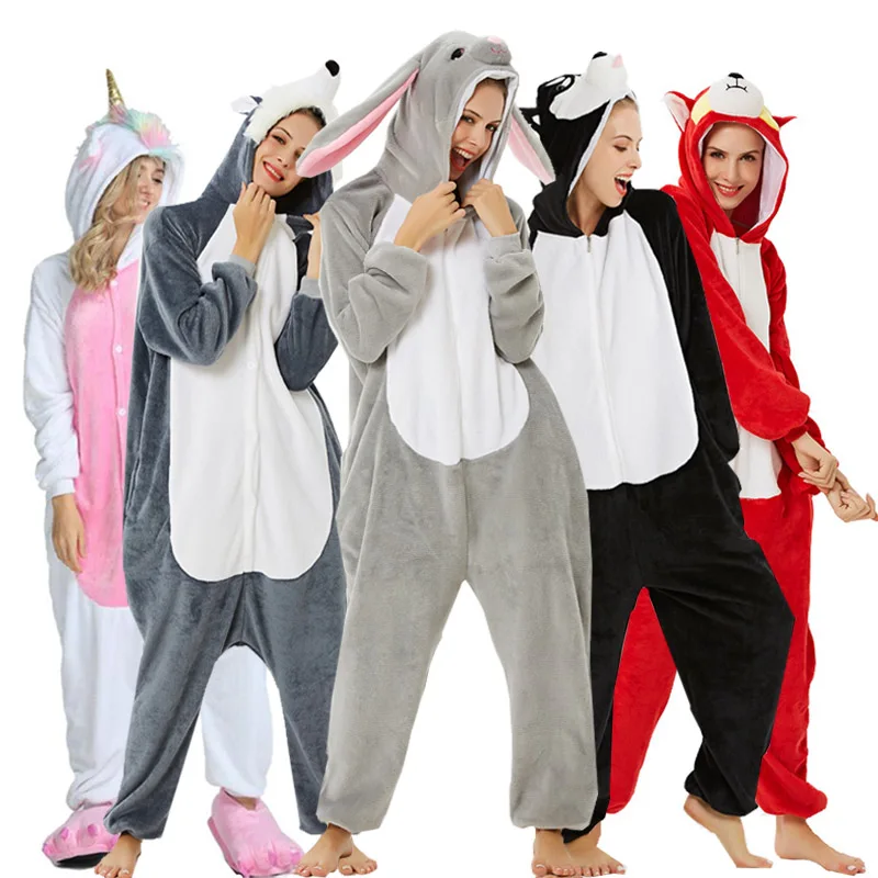 

2019 Adults Animal Pajamas Cartoon Sleepwear Unicorn Pajamas Sets Stitch Shark Unicornio Women Men Warm Flannel Hooded