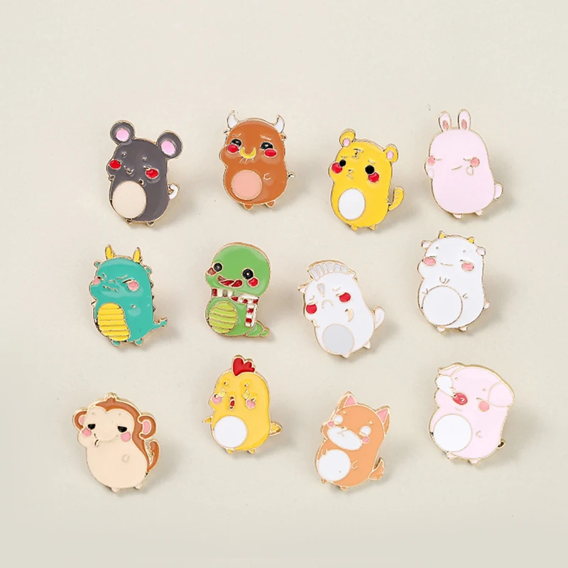 12 Symbolic Animals Collection Lepal Pins Chinese Zodiac Mouse Tiger Pig Sheep Dog Rabbit Monkey Brooches Bag Cartoon Badge | Украшения и