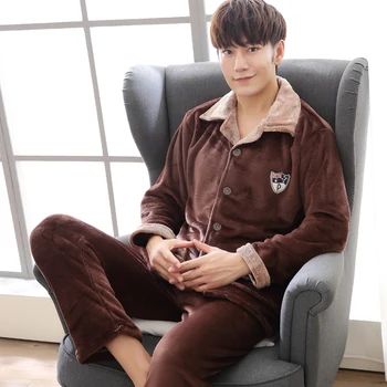 

Autumn and winter 2020 Leisure Style Men's Pajamas Set Warm Flannel Thicken Male Pajamas Sets Long Sleeve Sleepwear Top +Pant