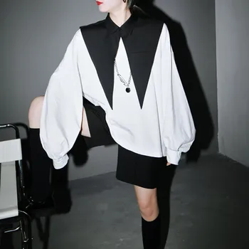 

Spring New Model Suit Big V Neck Accessories + Lantern Sleeve Loose T-shirt Two Piece Female