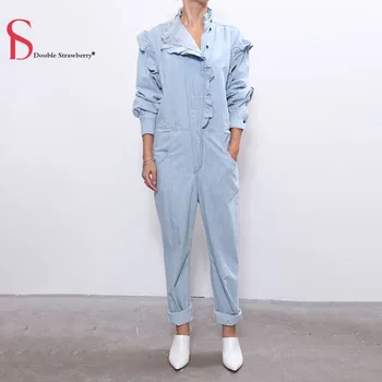 

DOUBLE STRAWBERRY Casual Simple Jumpsuit Autumn New Fashion Small Lace Stand-up Collar Single-breasted Women Straight Jumpsuit