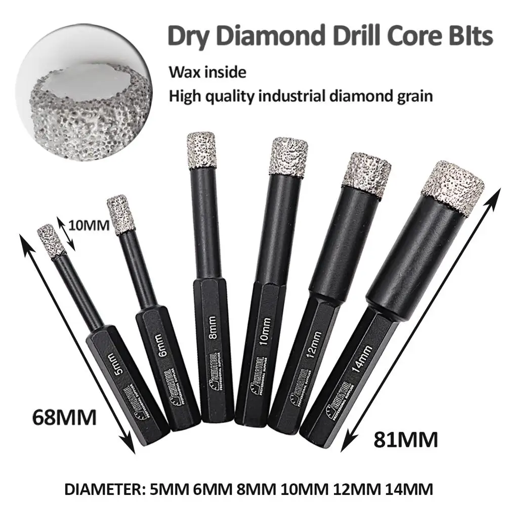 SHDIATOOL 5pcs/box Vacuum Brazed Diamond Dry Drilling Core Bits with Hex Shank Drill Bits Ceramic Tile Granite Hole Saw