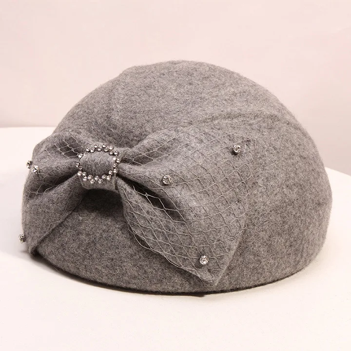Classic Big Bow Women Beret Cap Rhinestone Fedora Hat Red Camel Grey Elegant Ladies Autumn WInter Pure Wool Stewardess Cap