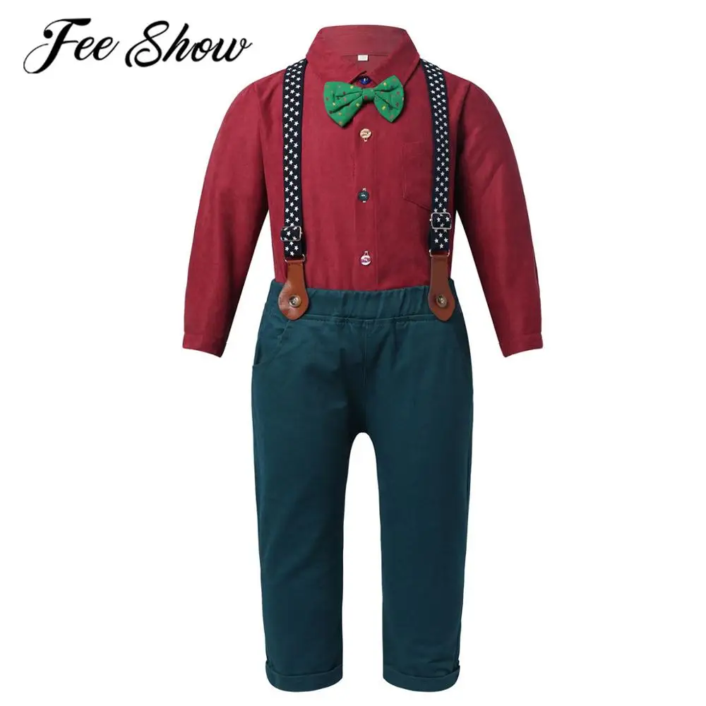 

2Pcs Kids Boys Christmas Costume Outfit Long Sleeve Button Closure Shirt with Bow Tie Suspender Straps Pants Children's Set