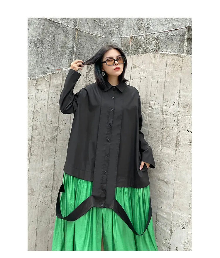 XITAO Patchwork Dress Fashion New Women Single Breast Patchwork Plated Hem 2020 Autumn Minority Casual Style Loose Dress ZP3457