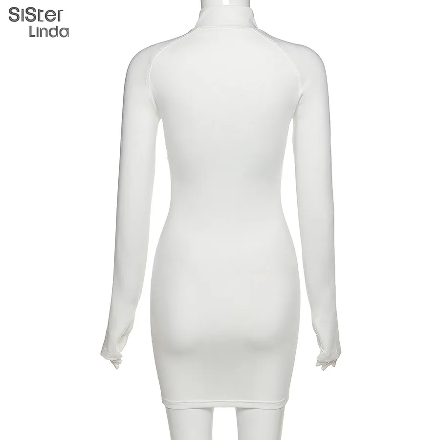 white dress Sisterlinda Summer Sports Zip Skinny Mini Dress Women Long Sleeve Turtleneck Stretchy Sundress Clothing Lady Activewear Vestidos long sleeve dress