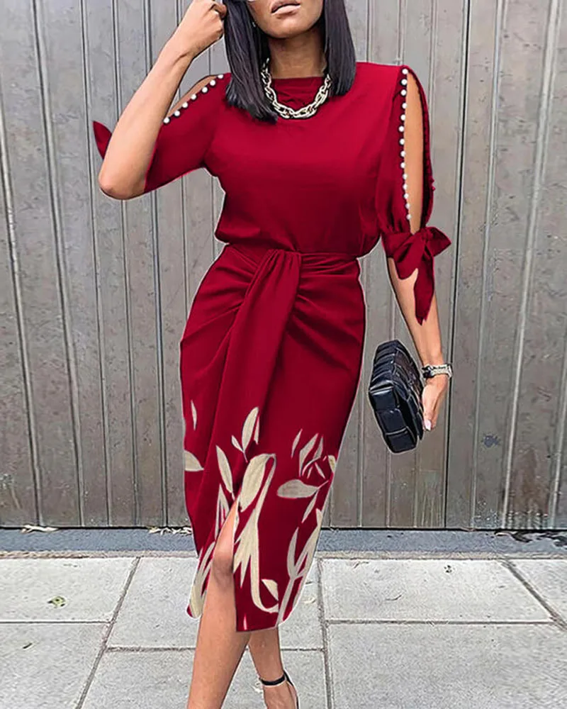 Autumn Women Leaf Print Pearls Decor Knotted Work Dress 2021 Femme Elegant Round Neck Midi Robe Lady Clothing traf Vestidos