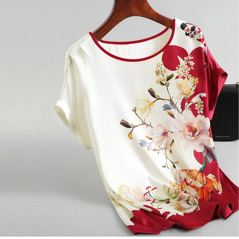 Women Silk Satin Blouses Plus size Batwing sleeve Vintage Print Floral Blouse Ladies Casual Short sleeve Tops Women Silk Satin Blouses Plus size Batwing sleeve Vintage Print Floral Blouse Ladies Casual Short sleeve Tops