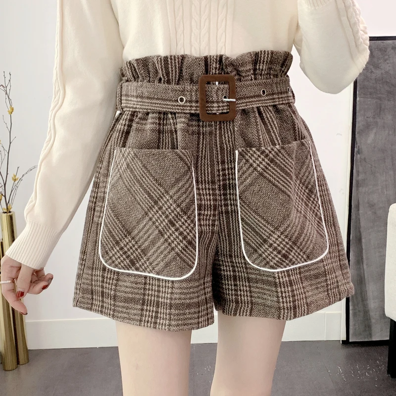 Осень Зима теплые женские широкие шорты с высокой талией цвета хаки клетчатые шорты женские шорты студенческий стиль повседневные шикарные шорты