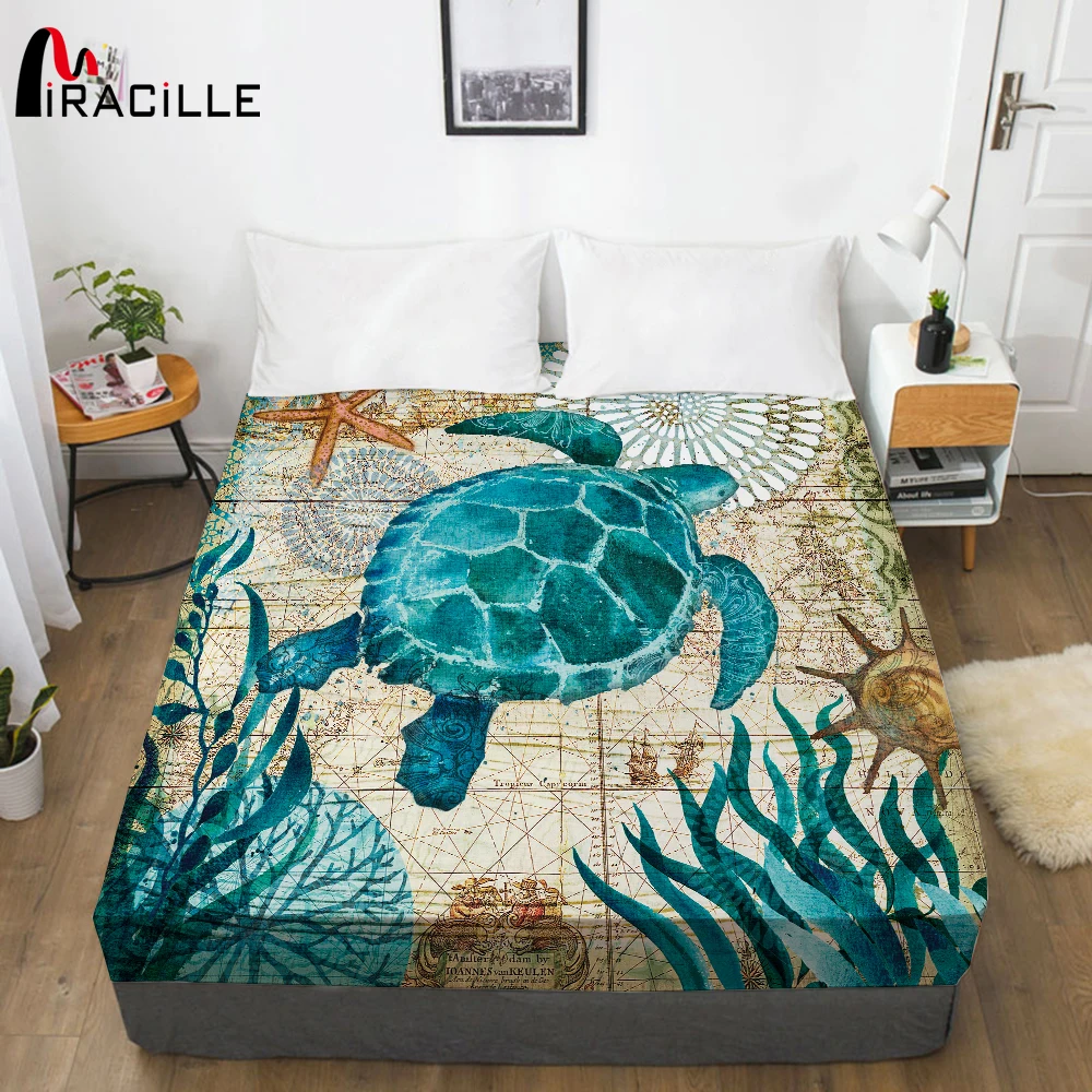 

Miracille Ocean Life Bed Sheet With Elastic Turtle Design Mattress Cover Hypoallergenic Mattress Protector Anti-mite