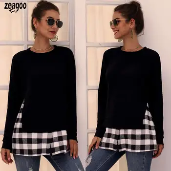 

Women Patchwork Pullover Tops O-Neck Long Sleeve Casual None Shirt Black Autumn