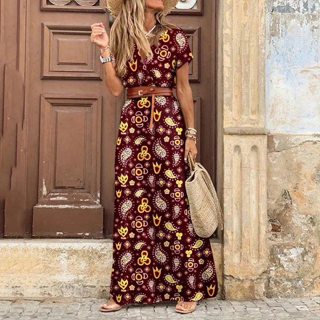 Fashion Boho Dress Long Dress Women Casual V Neck Short Sleeve Retro Print Belt Hem Beach