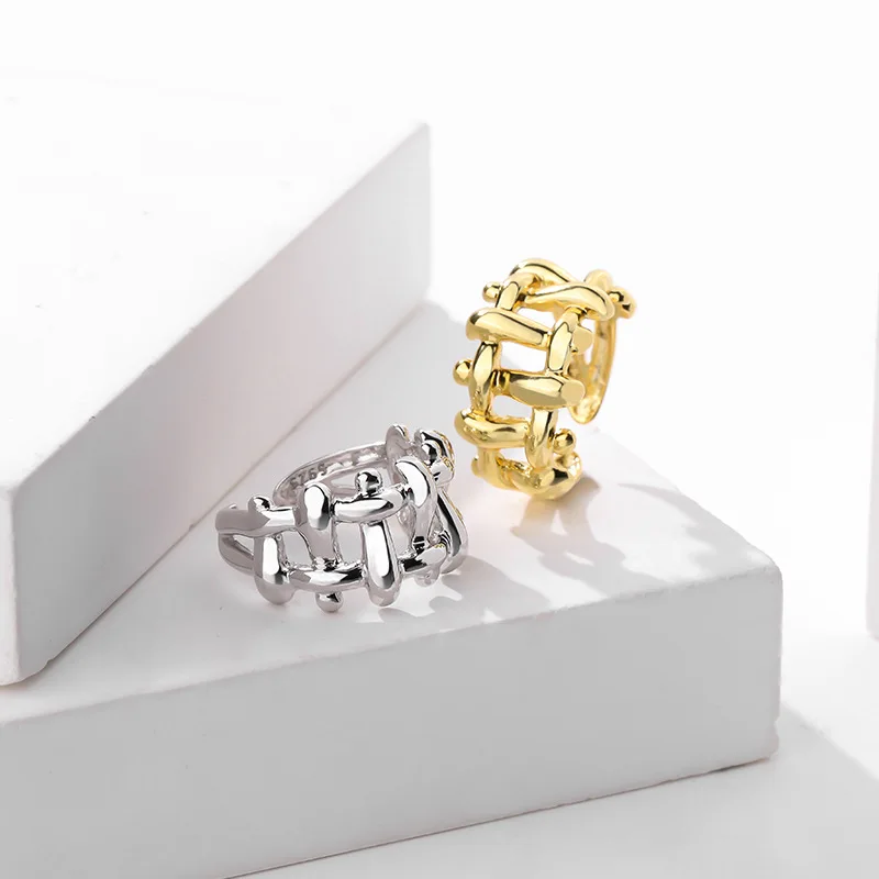 

Ladies S925 Sterling Silver Ring Gold Irregular Weaving Hollow European and American Fashion Jewelry Couple Holiday Gift
