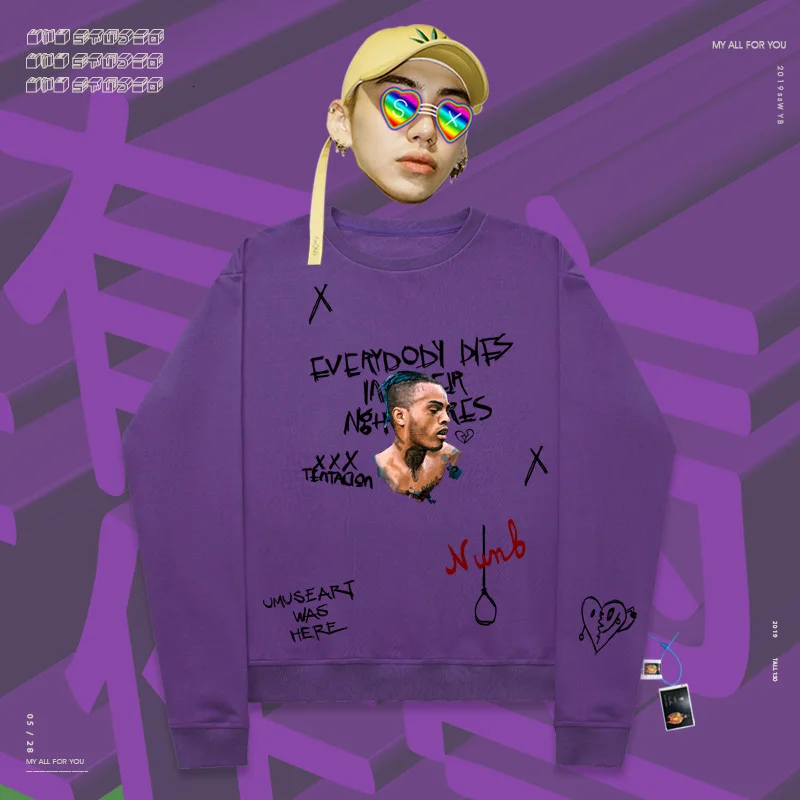 Хип-хоп рэп певец Xxxtentacion свитшоты с принтом сердца High Street с круглым вырезом свитер - Цвет: Violet