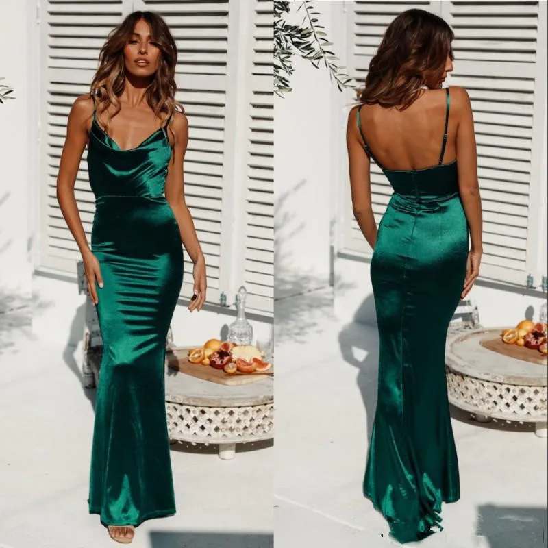 

Sexy Open Back Spaghetti Mermaid Dark Green Prom Dress Long Sheath Cheap Evening Party Gowns Custom Made prom dresses 2020