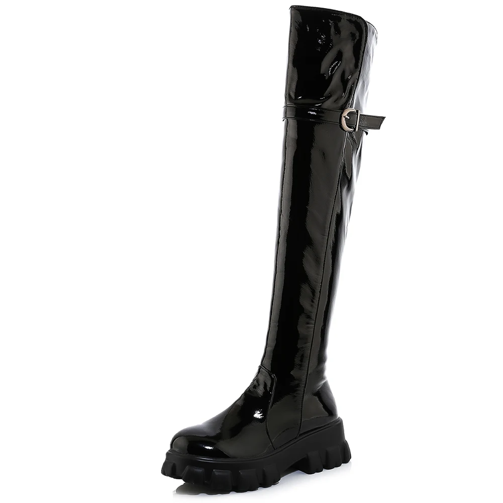 lapolaka new arrivals hot sale platform zip up shoes women boots female buckle decoration plus size 32-46 knee high boots woman - Color: black patent no fur