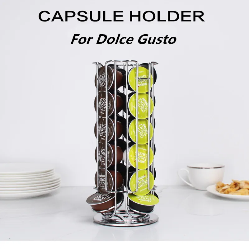 

Dolce Gusto Rack Rotatable Display Storage 24 PCS Capsule Plating Metal Stand Coffee Straight Holder Silver 2020 Capsules Rack