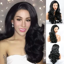 Парики из искусственных волос без шапочки-основы Волнистые черный парик из натуральных волос