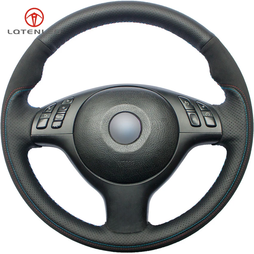Lqtenleo Black Genuine Leather Suede Car Steering Wheel Cover For Bmw M