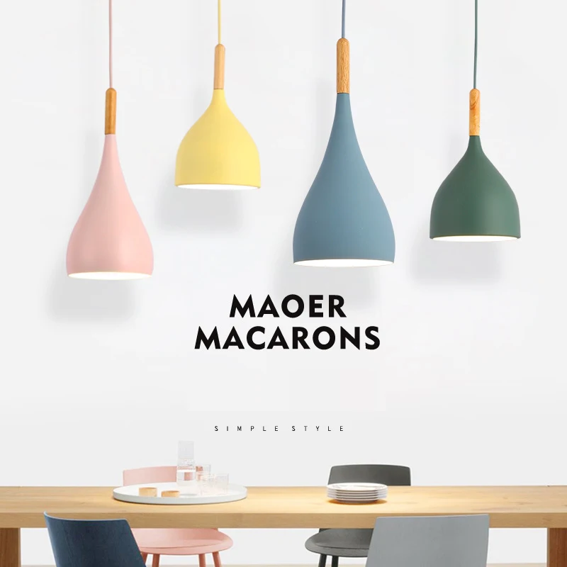 

Nordic Aluminium Pendant Lamp E27 LED Modern Hanglamp Wooden Hanging Light for Dining Table Living Room Red Pink Yellow Green