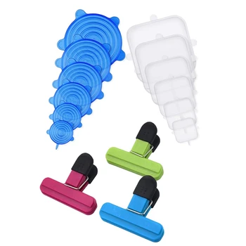 

12 PCS Round and Square Sizes Silicone Lids Covers with 15-Pack Chip Bag Clip Set Food Bag Sealed Clip