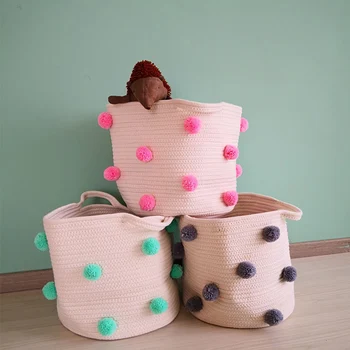 

High Quality Nordic Cotton Rope Knitted Pom Decoration Laundry Basket Toy Storage Bucket for Home