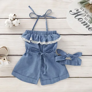 

Newborn Kid Baby Girls Baby Overalls Denim Sling Romper Headbands Summer Jumpsuit Off-shoulder Halter Casual Pants Playsuit 1-6Y