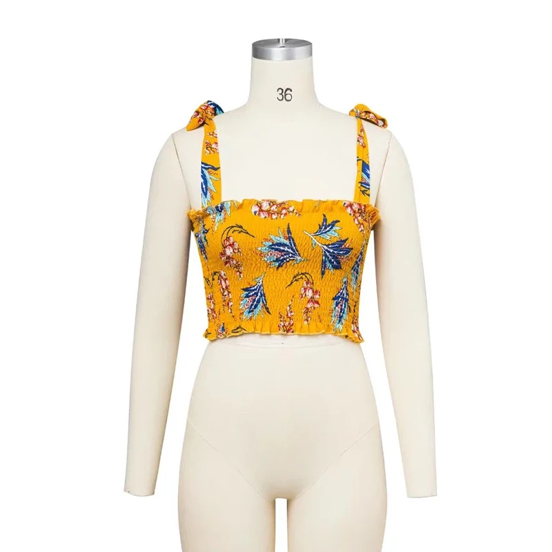 yellow Sukibandra богемский цветочный принт галстук-бабочка Camisole майка летняя женская Бохо эластичная бюстье укороченный топ винтажный желтый топ - Цвет: yellow