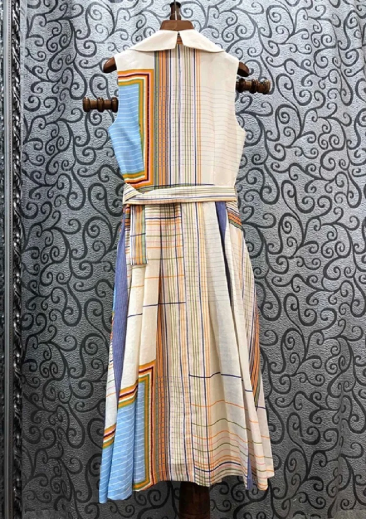 100%Linen 2020 Summer Style Women Notched Collar Striped Print Belt Patchwork Sleeveless Mid-Calf Length Vintage Dress OL | Женская
