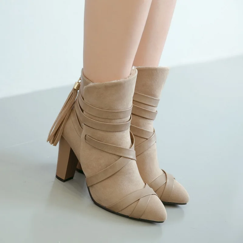 

Concise Leisure Women Autumn Ankle Boots Med Pointed Toe Vintage Short Boots Solid Flock Winter Shoes Plus Size