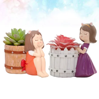 

4pcs Cartoon Girl Succulent Flowerpot Resin Flowerpot Desktop Adornment Potted Plant Ornament (Style 3)