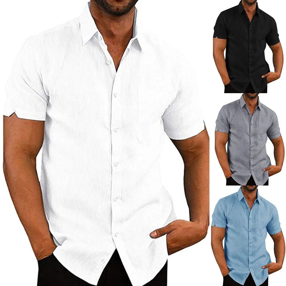 Мужская льняная блузка, короткий рукав, мешковатые пуговицы, летняя, однотонная, удобная, чистый хлопок и лен, повседневные, свободные, праздничные рубашки, футболки, топы