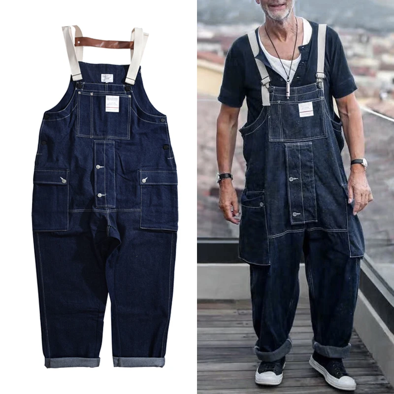 

Denim Bib Overalls Jeans Mens Cargo Work Pants Functional Multiple Pockets Pant Coveralls Men Loose Dark Blue Trousers