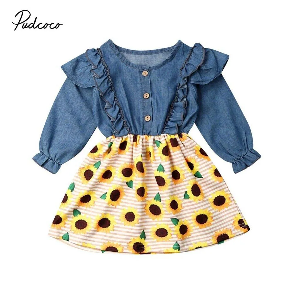 

2019 Brand Toddler Baby Girls Kids Party Casual Dress Floral Ruffle Denim Tutu Dresses Autumn Sunflower Todller Sundress
