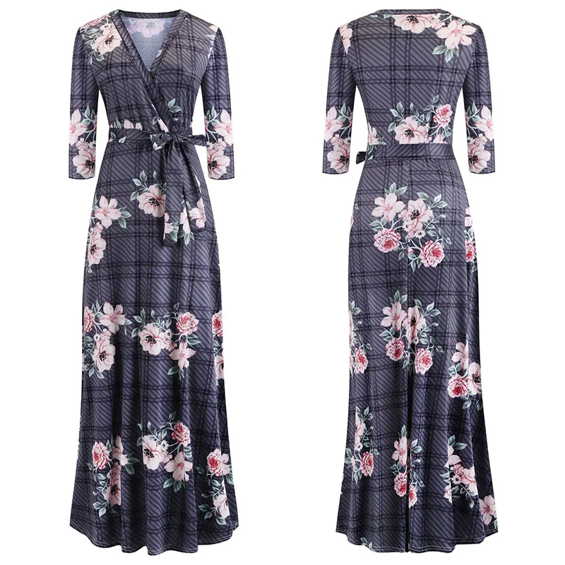 Gray Pink Flower Новое модное сексуальное женское платье, платья с поясом для мам, свободная полоса пропускания, цифровая печать, женская одежда, Женская повседневная одежда - Цвет: Gray Pink Flower